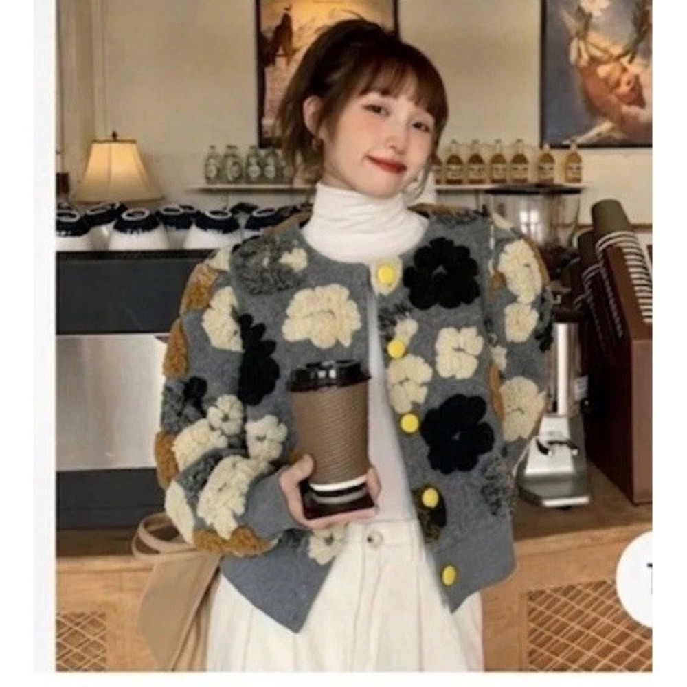 Y2K Index Floral Sherpa Fleece Bomber Top Gray Boxy Boho‎ Indie Artsy Retro